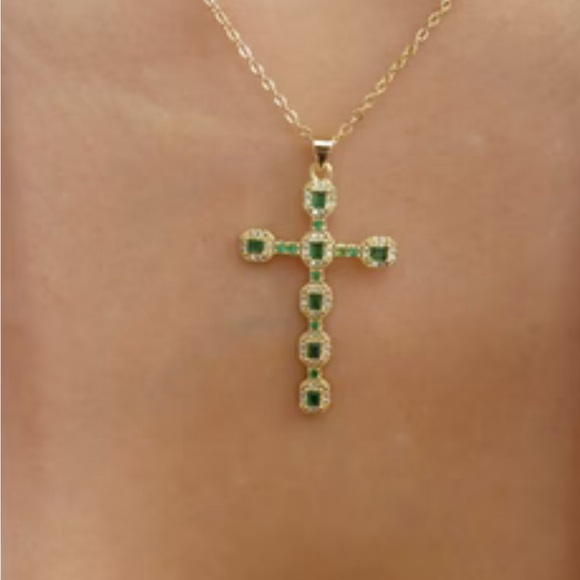 FASHION JEWELRY CRYSTAL SANDY CROSS NECKLACE STAINLESS STEEL GOLD COLOR  16” - Picture 6 of 6
